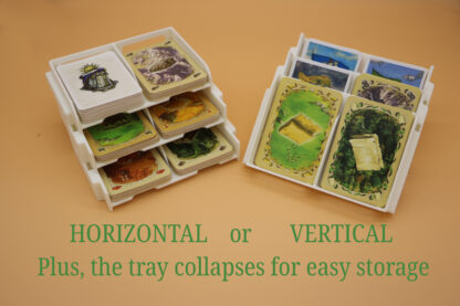 The Resource Card Tray for Catan can be used horizontally or vertically and collapses for easy storage.